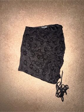Fashion Nova Black Floral Lace Side-Drawstring Mini Skirt
